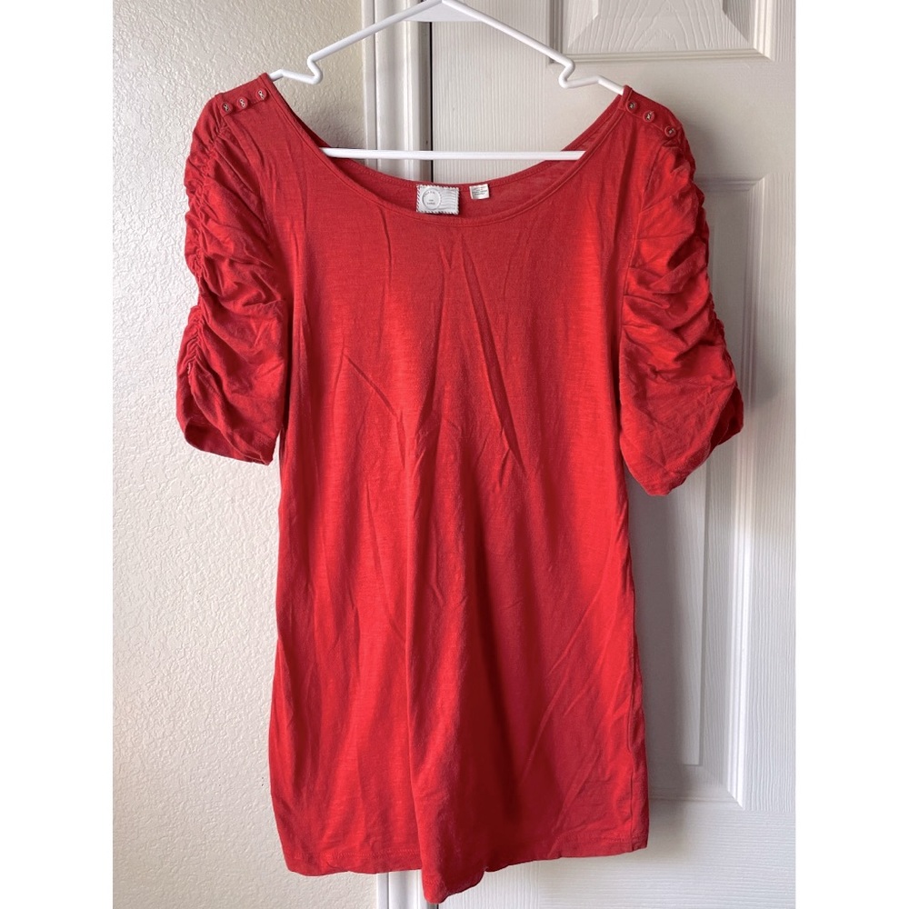 2/$12 Vintage Ruched Ruffle Sleeve Top - Red / Orange